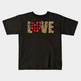 Plaid heart valentines day leopard text LOVE Kids T-Shirt